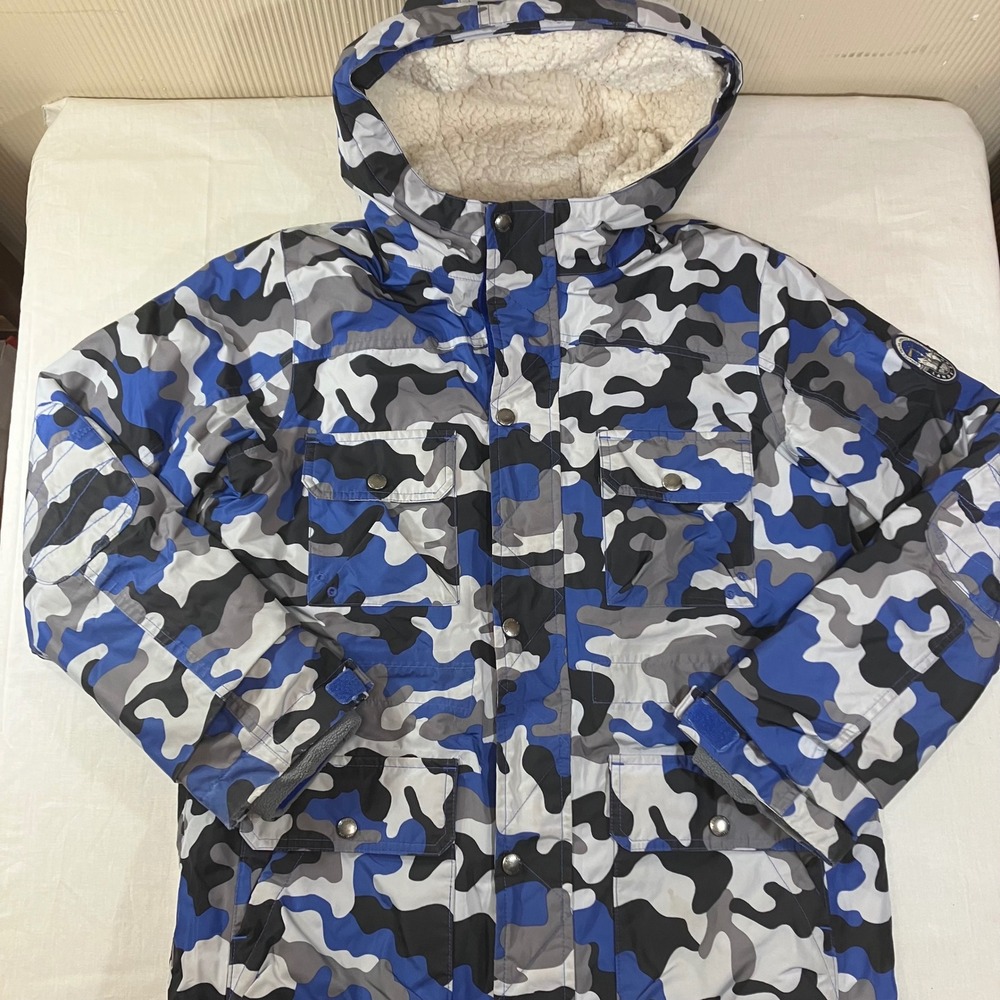 Lands End Boys Blue Camo Down Parka Jacket Sherpa Lined‎ Hood Size L 14-16